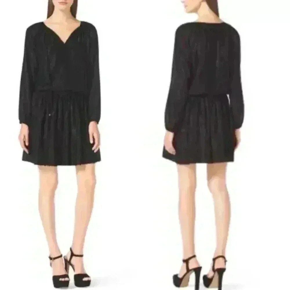 MICHAEL Michael Kors Black Tie Neck Mettallic Jacquard Mini Dress Size XS